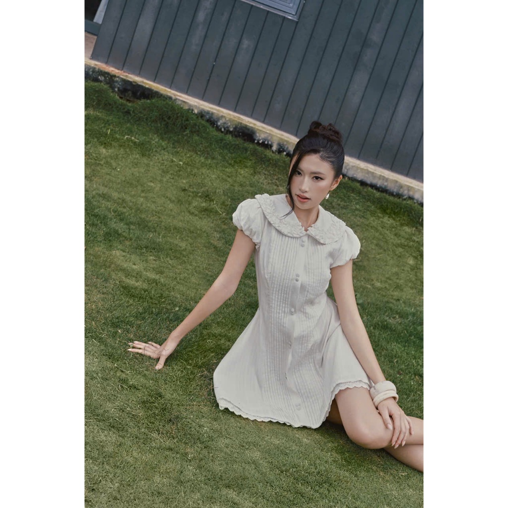 ONONMADE Đầm Sơ Mi Trắng Tay Phòng Phối Bèo Void Dress