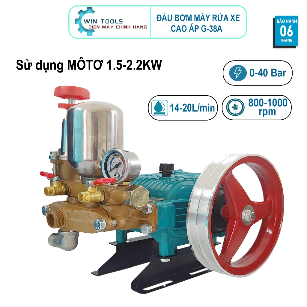 Đầu Máy Rửa Xe Piston Áp Lực Cao Dây Đai G-38A, Sử Dụng với Đầu Motor Kéo Dây Cu Roa 1.5-2.2 KW