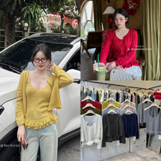 METWO. - Set len mỏng mongtoghi About IU áo 2 dây phối viền gấu bèo QC kèm áo khoác cardigan dài tay ulzzang HQ #88833