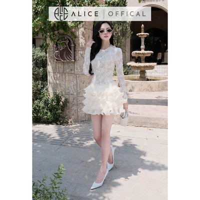Váy Dự Tiệc Chất Ren Hoa Cao Cấp Alice, Đầm Ngắn Dập Ly Ôm Eo Cổ Tròn Đính Đá Sang Trọng T96
