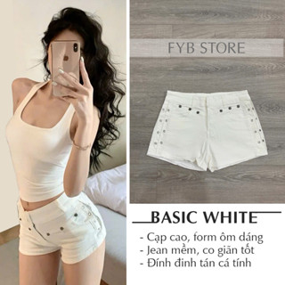  A36 - Quần short jean nữ trắng cạp cao đính đinh tán form ôm cá tính đùi denim co giãn Y2K basic đường phố 