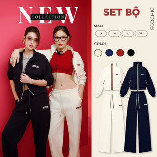 Set Bộ Dài Ecochic Áo Polo Cổ Bẻ Zip 2 Chiều Quần Ống Suông Cạp Cao Chất Liệu Cao Cấp Mềm Mịn Chính Hãng B182