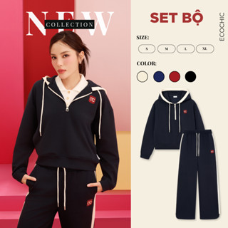   LINK SALE  Set Bộ Dài ECOCHIC Nam Nữ Unisex Set Áo Hoodie Cổ Halfzip Quần Suông Cao Cấp Chính Hãng Cotton Manba B181 