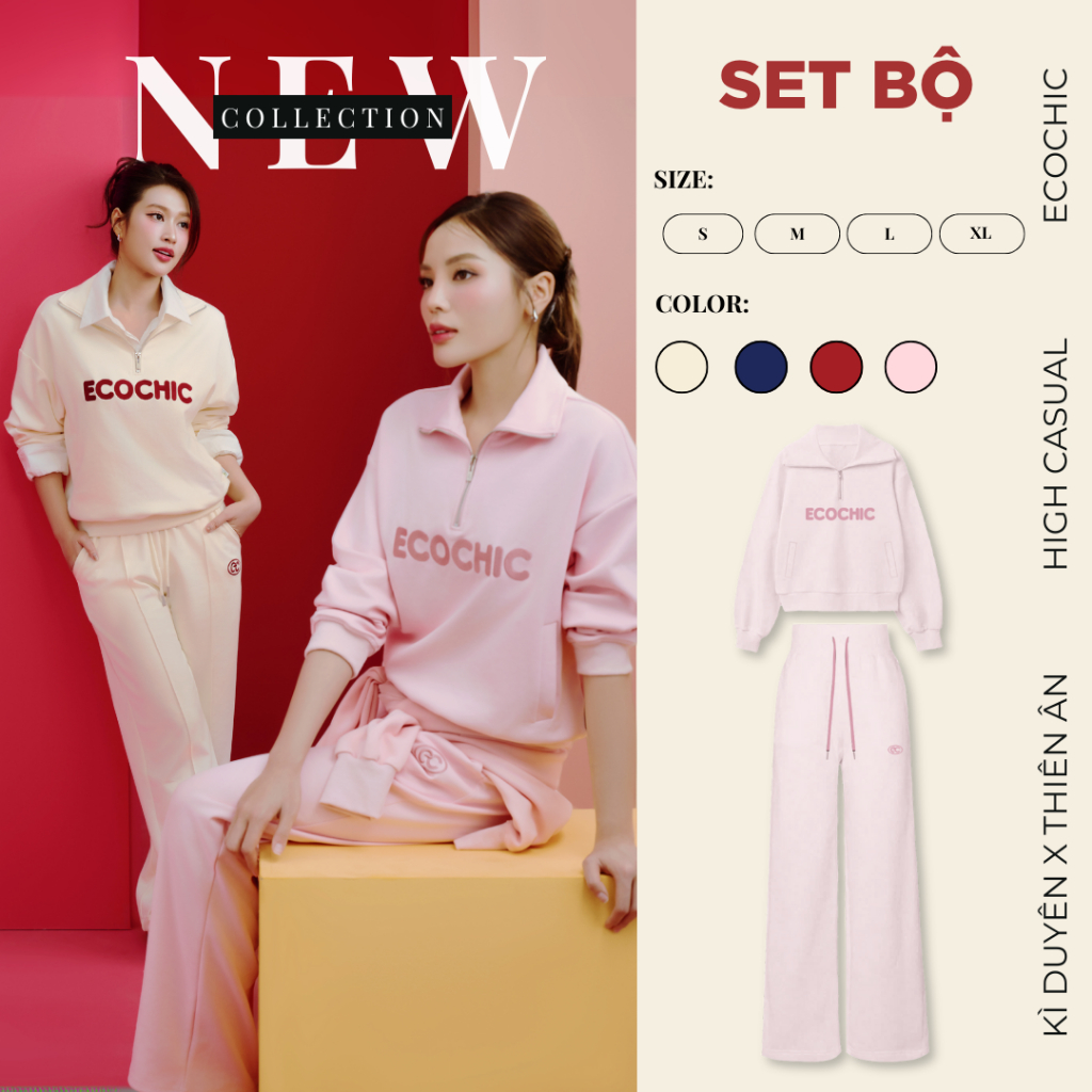 Set Bộ Dài Ecochic Áo Cổ Halfzip Logo Thêu Ngực Quần Suông Basic Dây Rút Chất Liệu Cao Cấp Chính Hãn