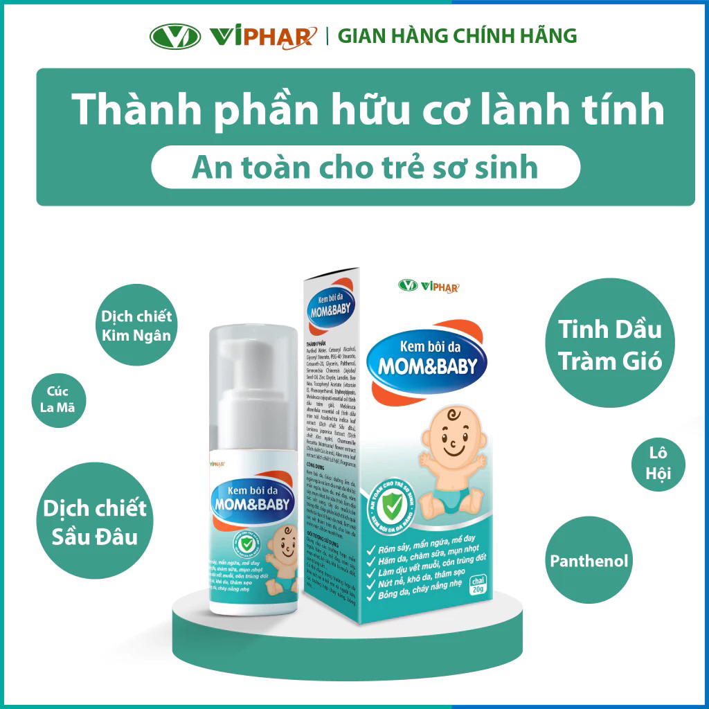 Kem Bôi Dưỡng Da Em Bé Mom&Baby Chai 20g Dùng Cho Bé Bị Muỗi, Côn Trùng Đốt, Hăm Da, Chàm Da, Rôm Sả