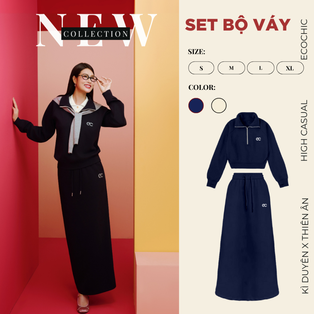 Set Bộ Váy ECOCHIC Áo Crop Halfzip Cổ Cao Logo Thêu Ngực Chân Váy Dài Chất Liệu Cao Cấp Mềm Mịn Chín