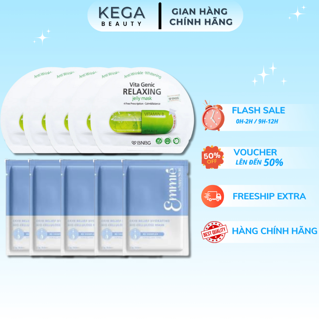 COMBO Mix 5 Miếng Mặt Nạ Dừa Emmie By HappySkin Và 5 Miếng Mặt Nạ BNBG Vita Genic Phục Hồi Da