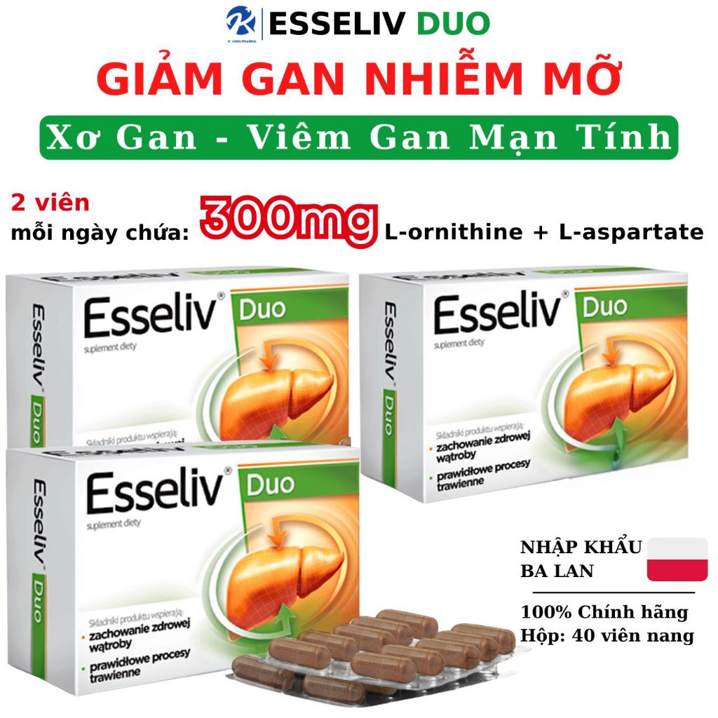 COMBO 3 HỘP Bổ Gan Esseliv Duo L-Ornithine L- Aspartate, Giảm Gan Nhiễm Mỡ, Xơ Gan Viêm Gan Mạn Tính