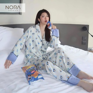  Bộ mặc nhà nữ pijama cao cấp NORAVELA kẻ sọc họa tiết MICKEY dễ thương chất liệu lụa satin mềm mại thoải mái 