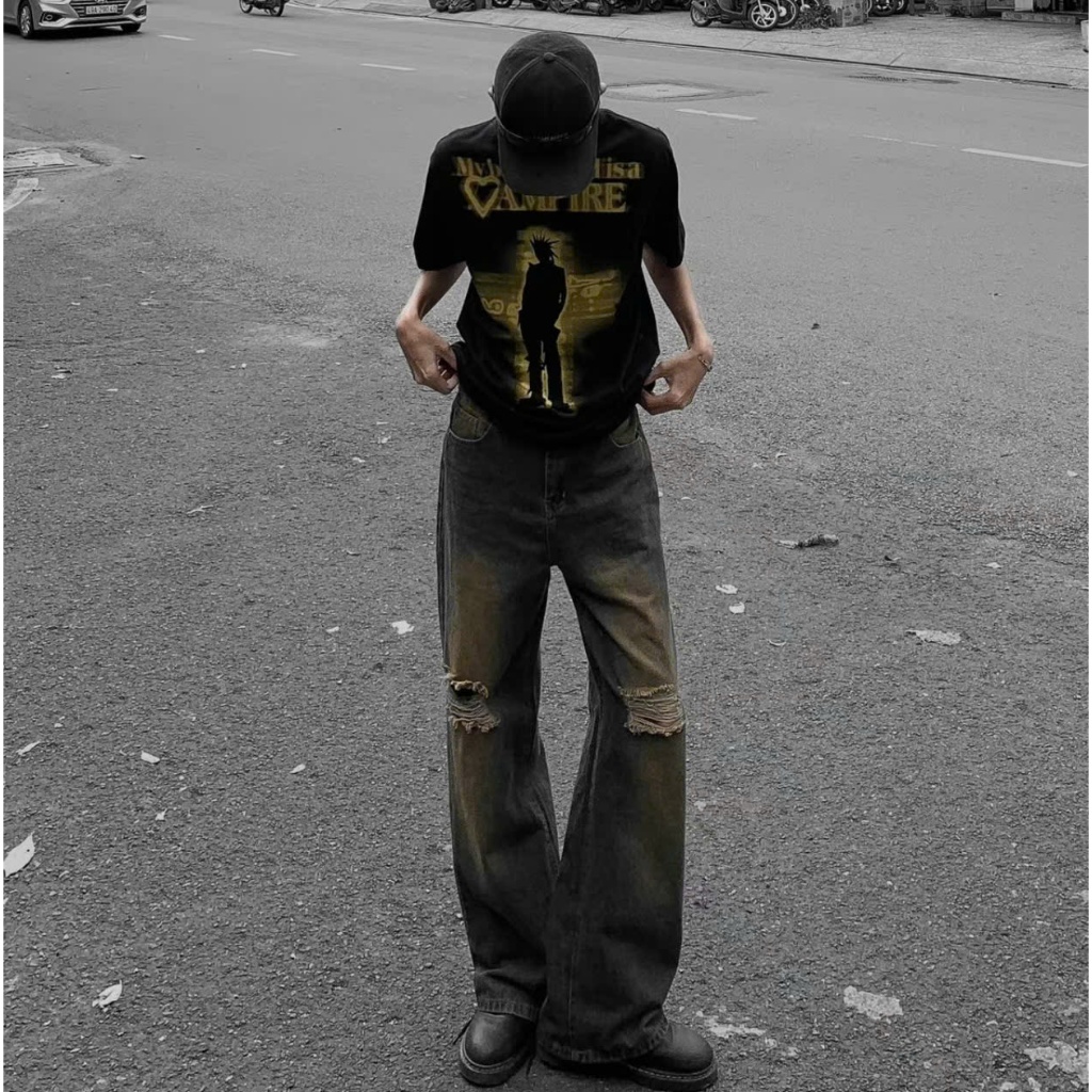 Quần jean nam ống xuông màu vintage xanh bụi trơn was vàng rách gối thời trang | BigBuy360 - bigbuy360.vn