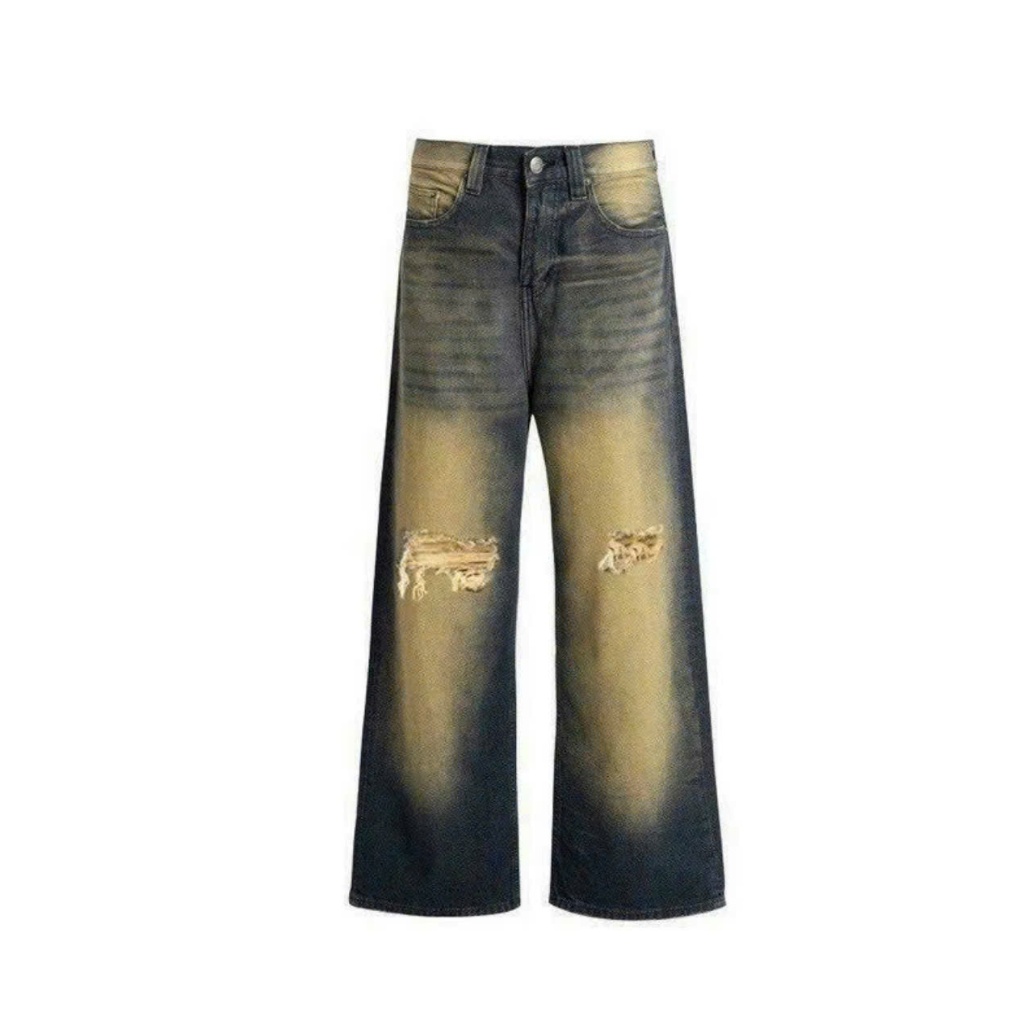 Quần jean nam ống xuông màu vintage xanh bụi trơn was vàng rách gối thời trang | BigBuy360 - bigbuy360.vn