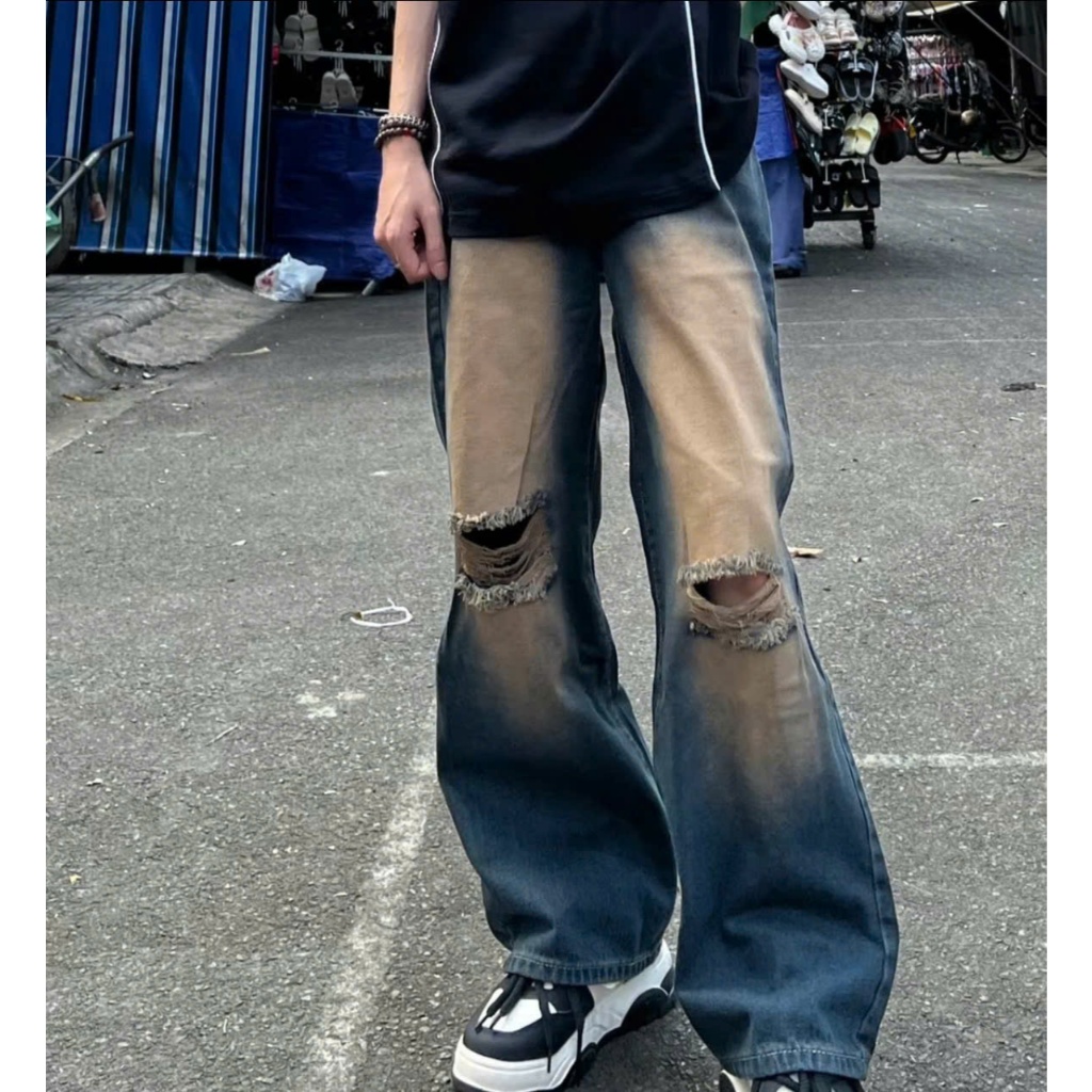 Quần jean nam ống xuông màu vintage xanh bụi trơn was vàng rách gối thời trang | BigBuy360 - bigbuy360.vn
