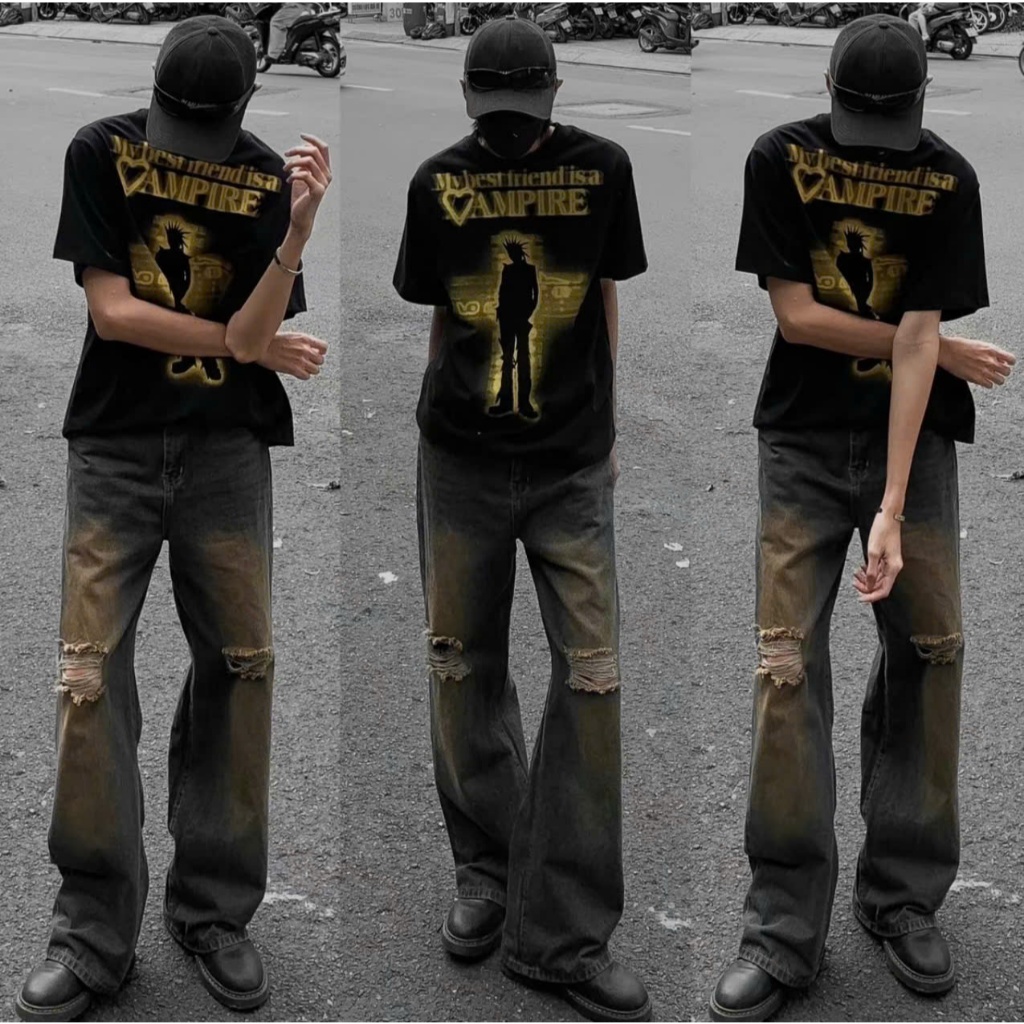 Quần jean nam ống xuông màu vintage xanh bụi trơn was vàng rách gối thời trang | BigBuy360 - bigbuy360.vn