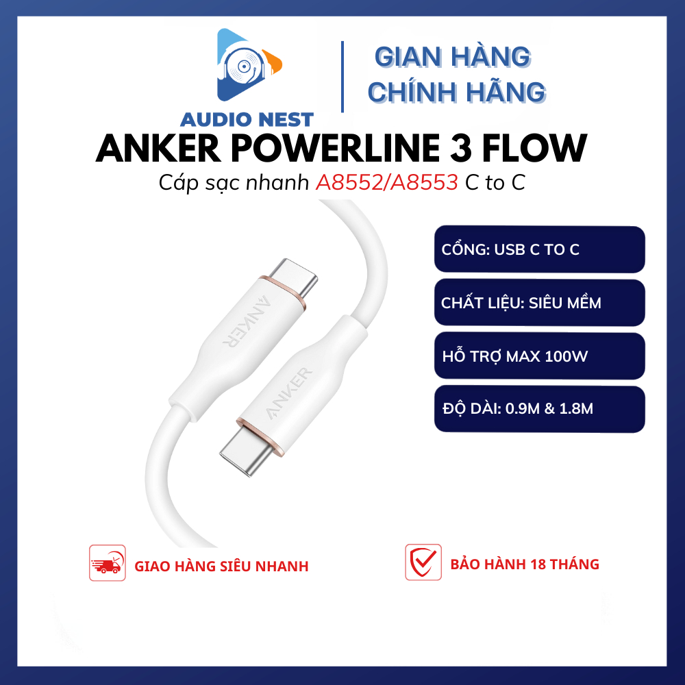 Cáp Sạc Nhanh Anker A8552 / A8553 PowerLine III FLOW C To C 100w  0,9m / 1,8m - Bảo hành 18 tháng