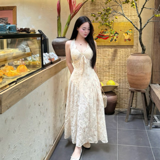 BY YOU Váy hoa nhí dáng dài cổ xẻ thắt nơ sau nhẹ nhàng nữ tính đi chơi đi biển phong cách Hàn Quốc S36