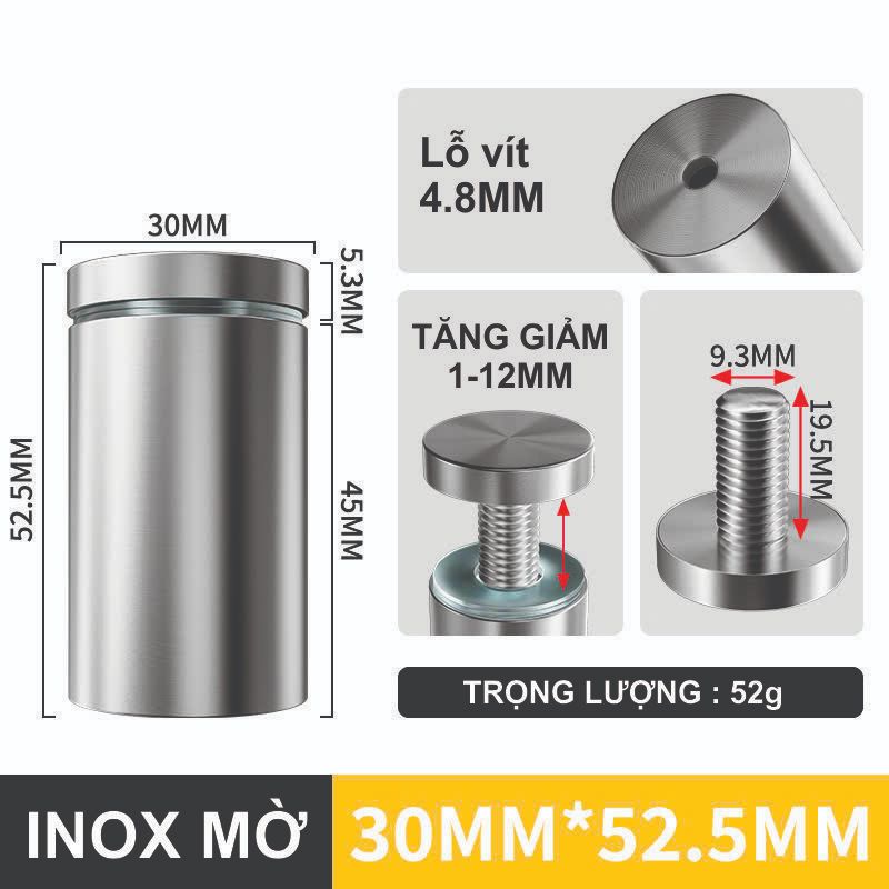 PHI 30 Ốc Chân Kính, Trụ Inox, Ốc Chân Kính Inox, Ốc Cách Tường, Ốc Bắt Kiếng Inox Kibath KB-V017.30