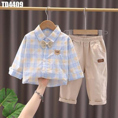 Set Áo Sơ Mi Tay Dài Với Khủng Long Hoạt Hình Và Quần Dài Kaki Kem Cho Bé Trai 1 2 3 4 5 Tuổi MINTSCLOSET - TD4428
