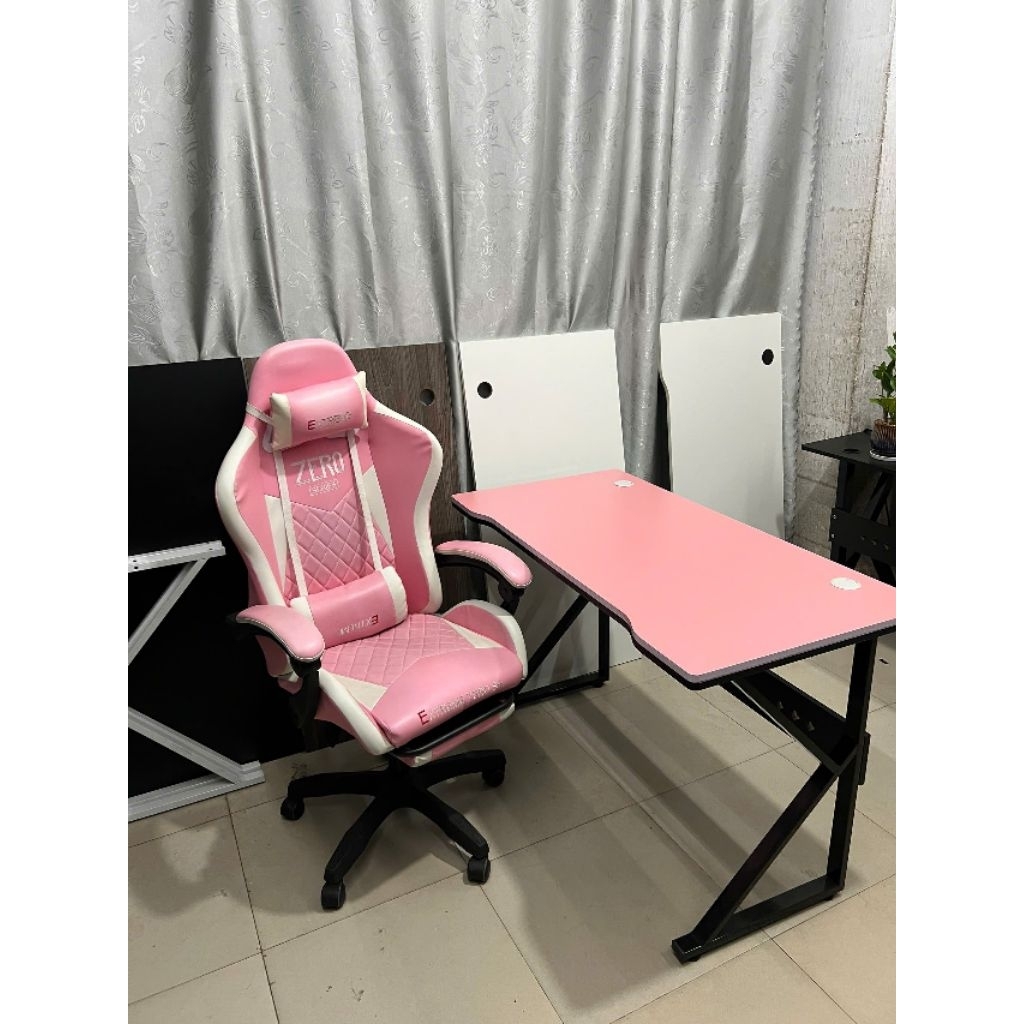 Bộ bàn ghế màu hồng như ảnh( Ghế gaming có gác chân, Bàn chữ K Hồng dài 120*60)