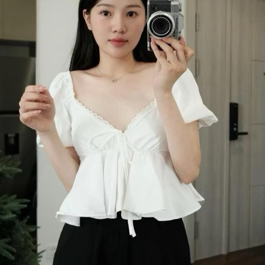 NTH BIGSIZE - Áo Thô Nữ Tay Bồng Cổ Tim chun sau Viền Ren Fom Xòe Tôn Dáng, áo kiểu nữ đẹp 55-90kg | BigBuy360 - bigbuy360.vn