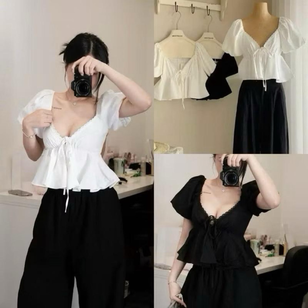 NTH BIGSIZE - Áo Thô Nữ Tay Bồng Cổ Tim chun sau Viền Ren Fom Xòe Tôn Dáng, áo kiểu nữ đẹp 55-90kg | BigBuy360 - bigbuy360.vn