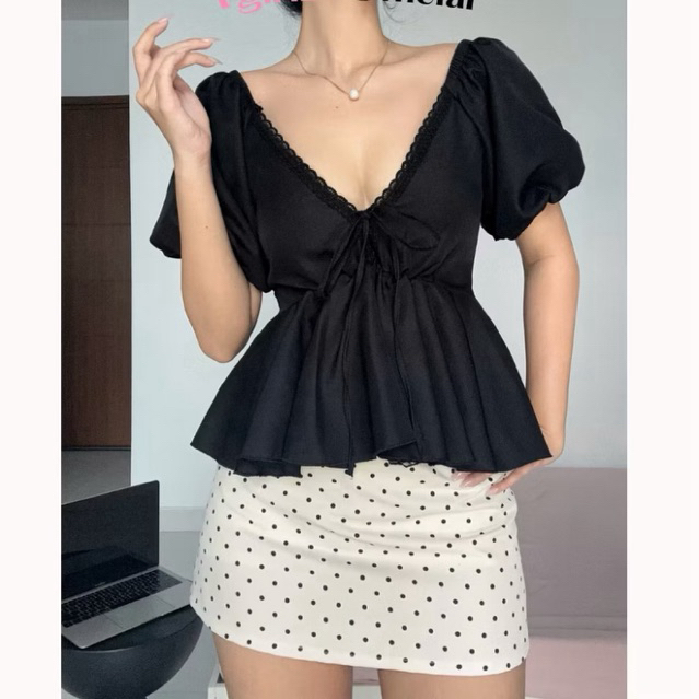 NTH BIGSIZE - Áo Thô Nữ Tay Bồng Cổ Tim chun sau Viền Ren Fom Xòe Tôn Dáng, áo kiểu nữ đẹp 55-90kg | BigBuy360 - bigbuy360.vn