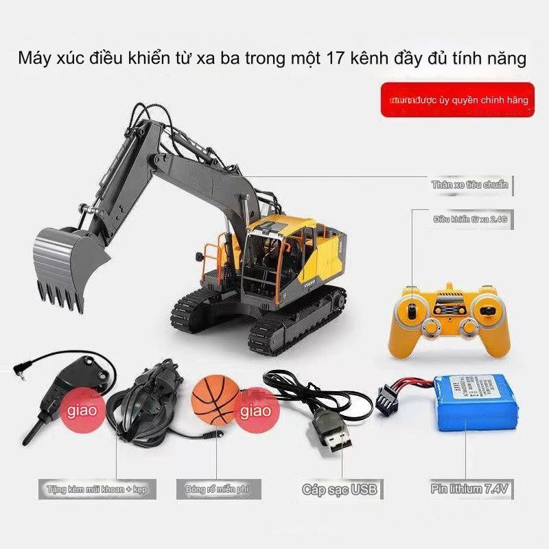 Máy Xúc Điều Khiển Từ Xa RC VOLVO E568-001 – Đổi Đầu Gầu/Kẹp/Khoan, Remote 2.4GHz, Có Pin Sạc