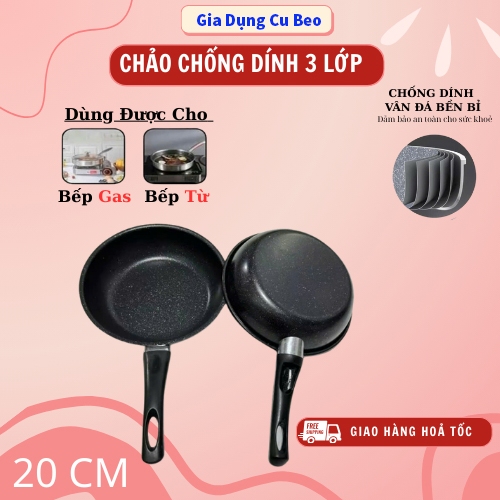 Chảo Chống Dính 3 Lớp Vân Đá Hoa Cương Dùng Bếp Từ ,Chảo mini đường kính 20cm dùng cho tất cả các loại bếp