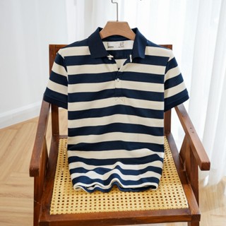  Áo thun polo nam  MANSALOR kẽ sọc xanh navy sọc kem vải cotton Pique cao cấp chuẩn form - MANDINNI 