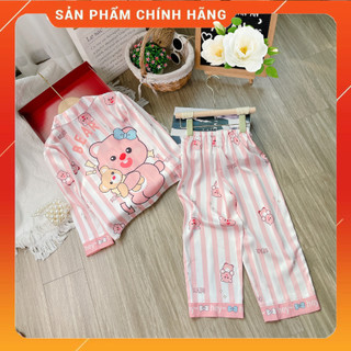   12 -48 kg  Bộ đồ ngủ lụa trẻ em cao cấp - Bộ bé gái tay dài quần dài - hoạ tiết 5D đáng yêu 