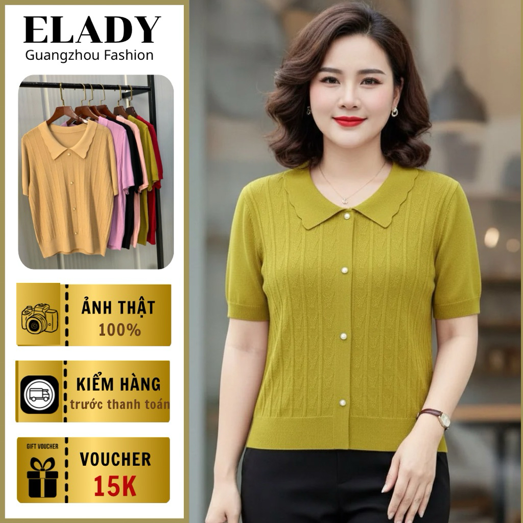 Áo trung niên nữ, Áo len mongtoghi ngắn tay cổ bẻ polo ED2052, vải len dệt kim cao cấp mềm, co giãn