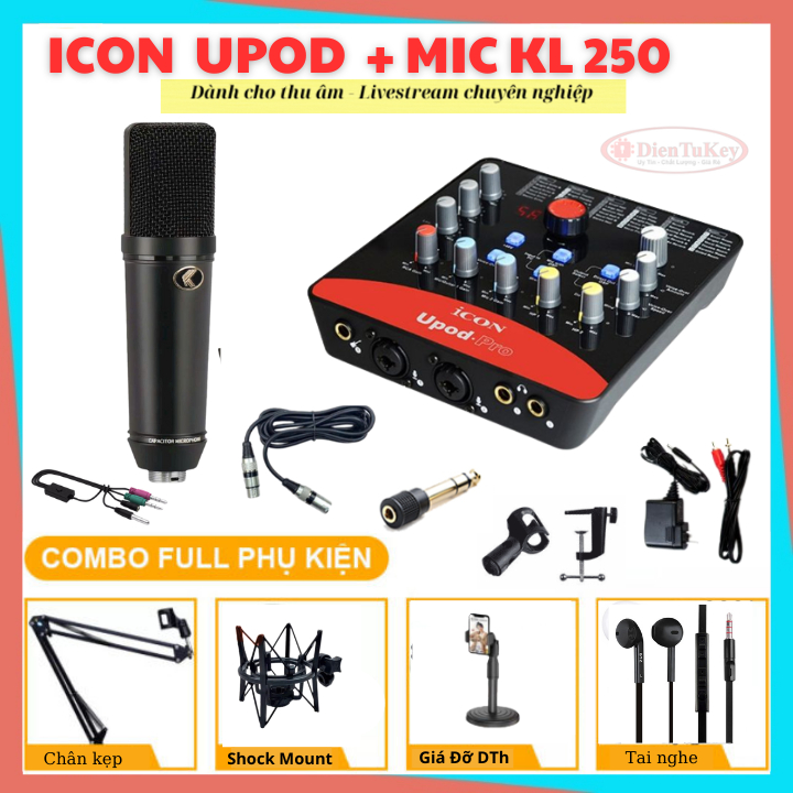 Bộ Combo Mic Thu Âm Hát Livestream Sound Card Icon Upod, Micro Kolance KL250 Chuyên Livestream, Thu Giọng Đọc