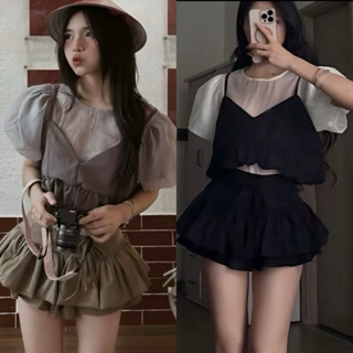    BÈO BÉO BIGSIZE   SET ÁO TƠ KÈM YẾM MIX CHÂN VÁY TẦNG XOÈ Y2K 