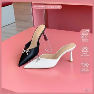  Giày sục cao gót nữ HÀ HUYỀN da lì mũi nhọn nơ đá gót nhọn 7cm - SU516 