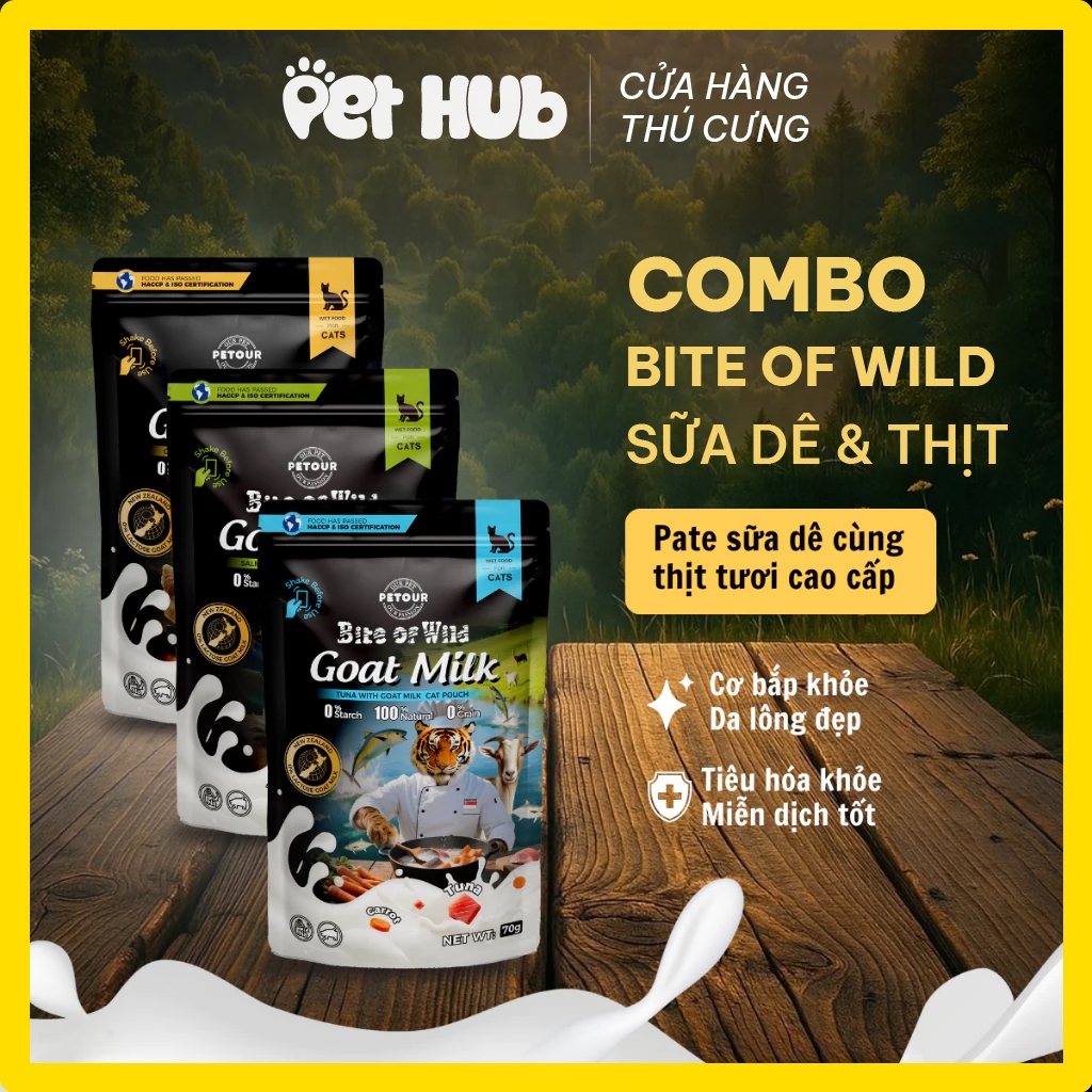 Combo 20 & 10 Gói Pate Bite of Wild Túi 70G Pate - Công Thức Sữa Dê Giàu Đạm, Ít Béo Cho Mèo