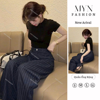 Quần Jeans Giấy Kẻ Sọc L1 Ống Rộng Màu Xanh Than Cạp Cao Tôn Dáng Chất Dày Dặn Dễ Phối Đồ [MYN51]