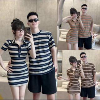   Tặng cặp vòng tay may mắn  Set đôi nữ váy polo form body + Áo thun cổ tròn tay ngắn nam 