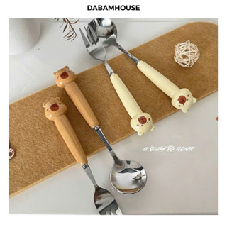  Thìa Inox Nĩa Inox Muỗng Có Tay Cầm Bằng Sứ Hình Dáng Dễ Thương Phong Cách Hàn Quốc 