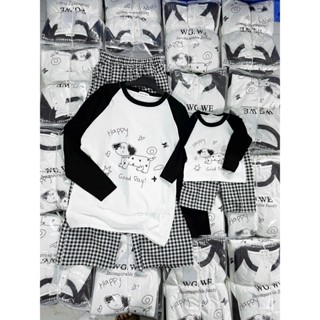  Set mẹ và bé họa tiết Cún Happy Good Day quần kẻ caro xinh xắn vải cotton mềm mịn 
