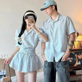  Set đôi thêu chữ nam sơmi nữ áo sơmi bó eo + Chân váy quần sọc siêu xinh chụp ảnh đẹp hot trend 