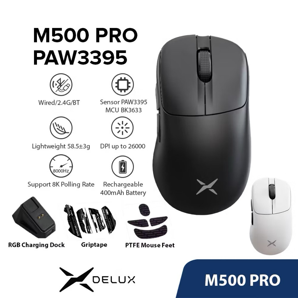Chuột không dây Delux M500Pro Dock Sạc Paw 3395 8khz | BigBuy360 - bigbuy360.vn