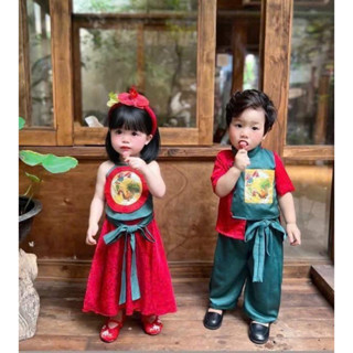 X145, X186, Set bộ trung thu, Set áo yếm xanh chân váy đụp đỏ, set bộ cúc bọc cho bé