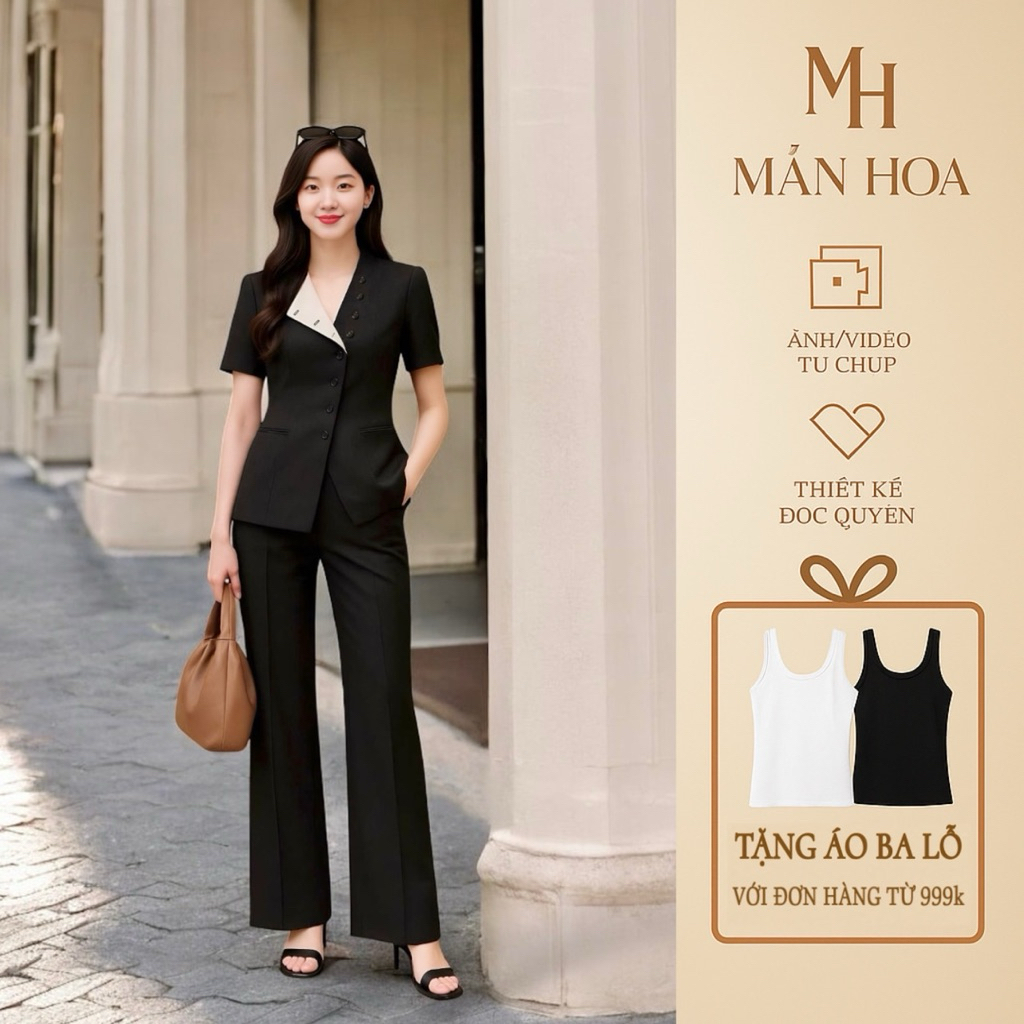Set Vest Công Sở Nữ Cao Cấp – Áo Vest Ngắn Tay Cúc Lệch Phối Trắng, Quần Suông Dài – 2 Màu Đen & Chì