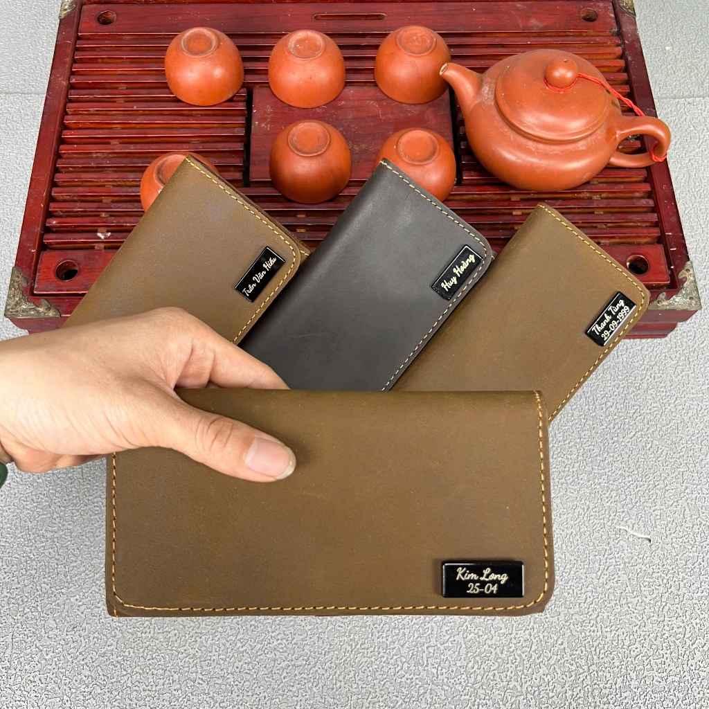 Ví dài nam khắc tên theo yêu cầu, đựng điện thoại, tiền, giầy tờ chất liệu da bò sáp nhập khẩu