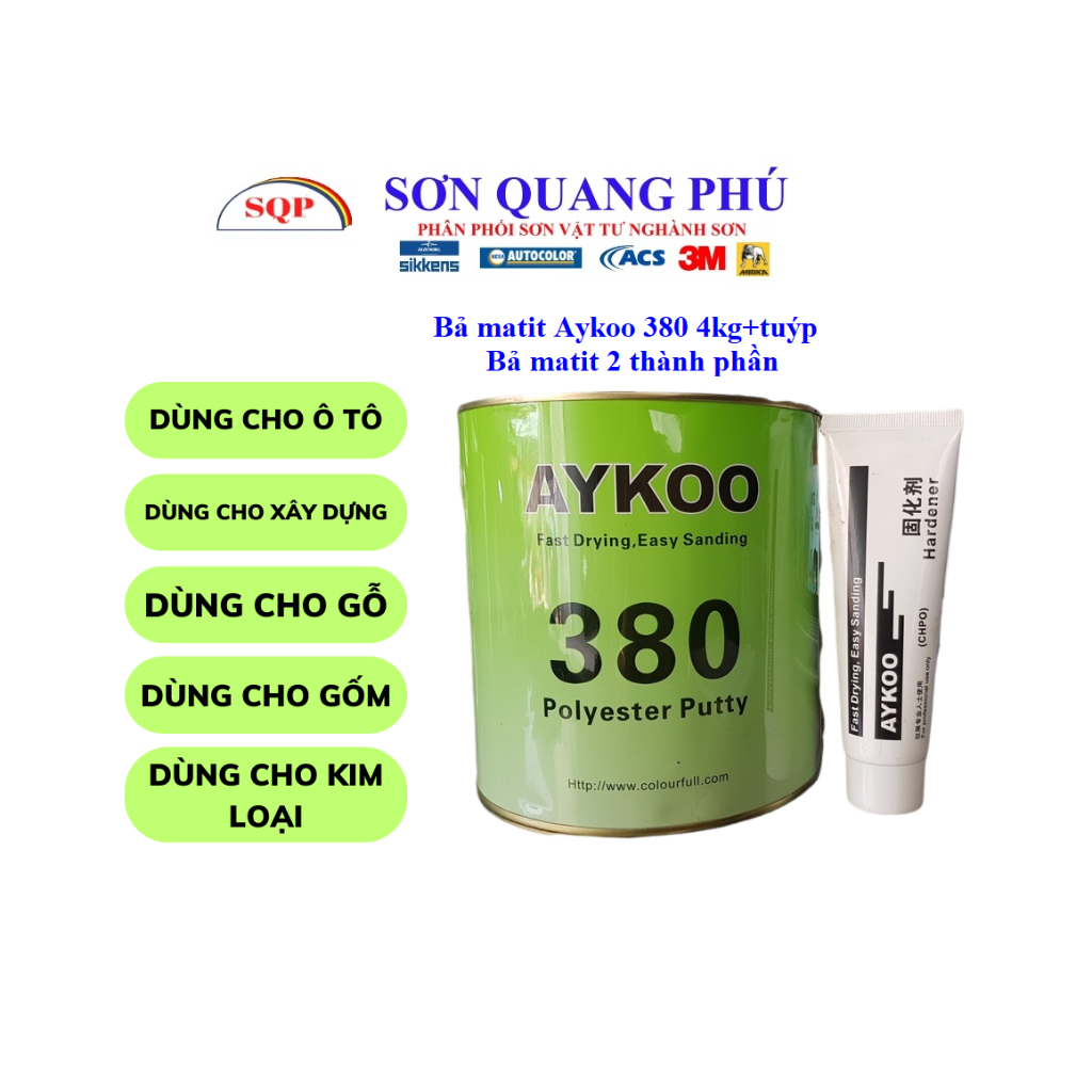 combo 4 Hộp Matit Bả 380 AYKOO 4kg trét đắp TONIKO bột bả nền, cho ô tô, xây dựng, gỗ, gốm, kim loại