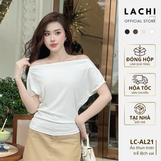 Áo thun trễ lệch vai công sở Lachi cộc tay hến lỡ dáng rộng thụng nhún eo giấu bụng bigsize LC-AL21