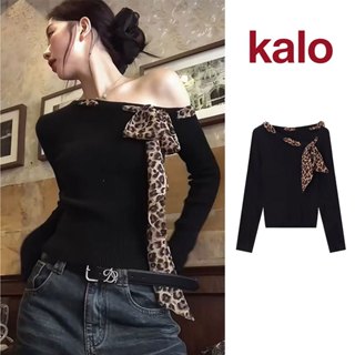  Áo thun dài tay trễ vai nữ kiểu Pháp thiết kế khăn quàng cổ họa tiết da báo dáng ôm thoải mái khi mặc 