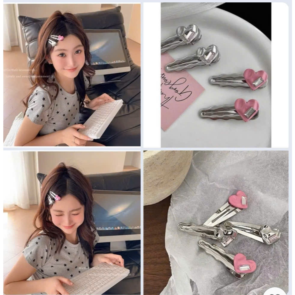 Set 2 kẹp trái tim nơ nhí màu bạc dễ thương phong cách Hàn mẫu mới hottrend
