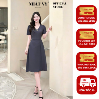  Đầm công sở Nhật Vy cổ V nhún ngực đính nút kiểu form dáng xoè chất lụa phù hợp đi chơi - D3488 