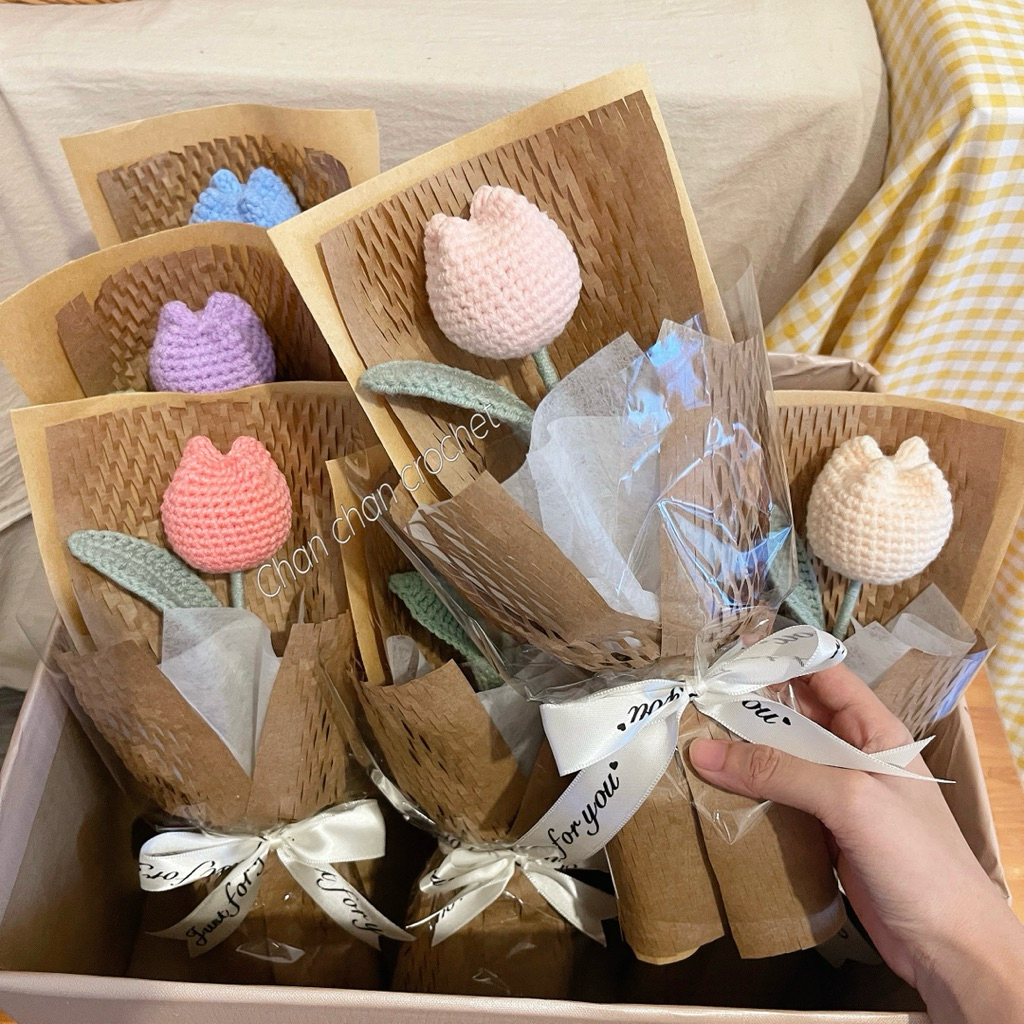 [Ảnh thật] Bó Hoa Tulip 1 Bông, Bó Hoa Len 1 Bông Handmade