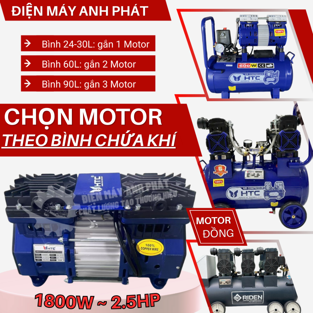 Đầu Máy Nén Khí 2.5Hp 2Hp 1800W 1500W Motor Đồng,2850V/Phút, Tua Nhanh, Sạc Nhanh, Không Dầu, Hiệu H